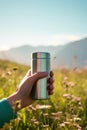 A thermos mug with hot tea in hand on a blurred background of a yellow-green mountain field with flowers in summer. Cup of coffee