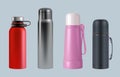 Thermos realistic. Steel vacuum flask coffee mug round containers for water and liquids vector templates Royalty Free Stock Photo