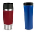 Thermos travel tumbler,cups red and blue. Royalty Free Stock Photo