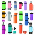 Thermos vector vacuum flask or bottle with hot drink coffee or tea illustration set of metal bottled container or Royalty Free Stock Photo