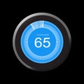 Thermostat with blue inside black circle with 64 degree in black background