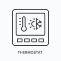 Thermostat flat line icon. Vector outline illustration of digital temperature control. Black thin linear pictogram for