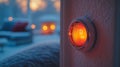 A thermostat is lit up with the temperature. The image has a cozy and warm feeling, with a fireplace and a couch in the background Royalty Free Stock Photo