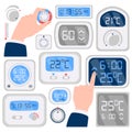 Thermostats flat icons set. Temperature regulation Thermostats Royalty Free Stock Photo