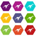 Theropod dinosaur icon set color hexahedron