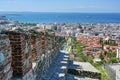 Thessaloniki in Greece, aerial panoramic view from Ani Poli, the upper old town with historic city walls over the modern center Royalty Free Stock Photo