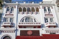 Thessaloniki, Greece, April 29, 2023: Facade of Ensayar, the four seasons bar at the seaside in Thessaloniki city, Greece, white