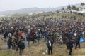 Hundreds of migrants and refugees gathered outside of a refugee camp in Diavata