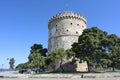 Thessaloniki, Greece, April 28, 2023: White Tower in Thessaloniki city, Greece, famous landmark and travel destination, blue sky,