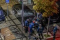 Thessaloniki, Greece Greek firefighters during fire at luxury car showroom.