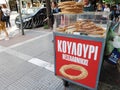 Greek round sesame bagel koulouri on street sale in Thessaloniki, Greece.