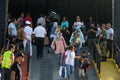 Refugees and migrants disembark to the port of Thessaloniki after being transfered from the refugee camp of Moria, Lesvos island