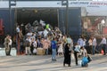 Refugees and migrants disembark to the port of Thessaloniki after being transfered from the refugee camp of Moria, Lesvos island Royalty Free Stock Photo