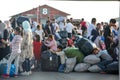 Refugees and migrants disembark to the port of Thessaloniki after being transfered from the refugee camp of Moria, Lesvos island Royalty Free Stock Photo