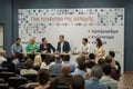 THESSALONIKI, GREECE - SEPTEMBER 13, 2017. Greek Leader of political party Potami Stavros Theodorakis and his team, during news c