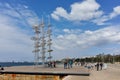 THESSALONIKI, GREECE - SEPTEMBER 30, 2017: People walking under Umbrellas sculpture in of of city of Thessaloniki,