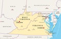 The Virginias, the two U.S. states Virginia and West Virginia, political map Royalty Free Stock Photo