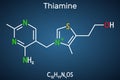 Thiamine, vitamin B1 molecule. Structural chemical formula on the dark blue background. Vector