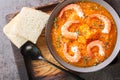 Thick autumn pumpkin soup with shrimp, sesame and thyme served with bread on a wooden tray. Horizontal top view