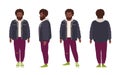 Thick bearded african american man dressed in jeans and jacket. Fat male cartoon character with afro hairstyle and beard