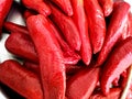 Thick Big Fresh red chilly vegetable. Hot red cayenne pepper or Jalepeno chili used to make Indian Pickle. Lal Achari Mirch
