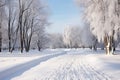 thick blanket of snow covering a winding park pathway