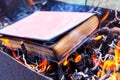 A thick book on fire. Burning books. Destruction of banned books Royalty Free Stock Photo