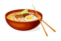 Thick Broth with Noodles, Meat and Boiled Egg as Asian Savoury Soup Served in Bowl with Chopsticks Vector Illustration