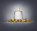 A thick candle with autumn leaves