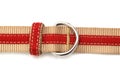 A thick canvas material fabric belt with red inner strap buckle and loop white backdrop Royalty Free Stock Photo