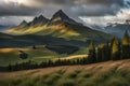 Thick clouds over landscape hills valley Royalty Free Stock Photo