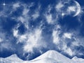 Thick clouds over mountains, bright stars and hills illustration in blue and white. Moon planet silhouette.