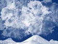 Thick clouds over mountains hills and heavy rain illustration in blue and white. Landscape, torrential rain in mountains.