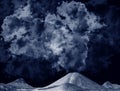 Thick clouds over mountains, a star and hills illustration in blue and white. Landscape, evening, darkness, dusk, night.