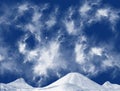 Thick clouds over mountains, a star and hills  illustration in blue and white. Landscape, weather forecast, cloudy sky. Royalty Free Stock Photo