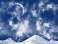 Thick clouds over mountains, a star and hills  illustration in blue and white. Landscape, weather forecast, cloudy sky. Royalty Free Stock Photo