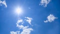 Thick clouds in a Sunny blue sky. The bright sun is peeking out visible through thick dense clouds Royalty Free Stock Photo