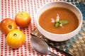 Thick creamy tomato soup served hot in a soup bowl. Hot tomato soup in a bowl