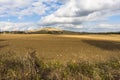 Thick cumulus clouds of summer lie over a wide dry field in Tuscany Italy Royalty Free Stock Photo