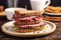 thick cut rye bread sandwich with roast beef on a plate Royalty Free Stock Photo