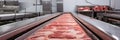Thick cuts of raw meat on a conveyor belt pink fresh factory line.