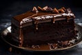 A thick, delectable piece of glossy chocolate cake dripping with ganache.