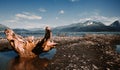 Thick driftwood on the rocky shore with mountains in the background in Alaska Royalty Free Stock Photo