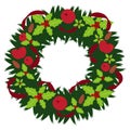 Thick fir wreath with red ribbons, baubles and Christmas decorations. Festive decor. Leaflets, invitations, banners