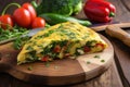 thick, fluffy veggie omelette on rustic wooden table