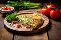 thick, fluffy veggie omelette on rustic wooden table