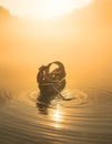 Thick fog on the lake, boats, wetlands