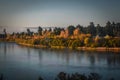 autumn view of the river and trees with fog Royalty Free Stock Photo