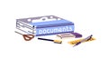 Thick folder of documents, paper notes, sheets. Office supplies. High school stationery for study, learning: pen, pencil Royalty Free Stock Photo