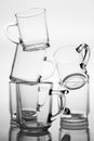 Thick glass mugs stacked. Drinking water storage containers